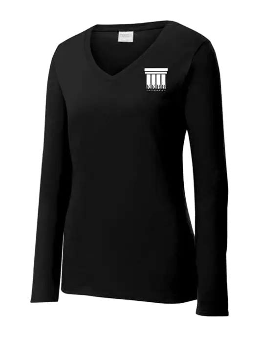 Womens V-Neck Ring Spun Jet Black 4.5 oz Long Sleeve T-Shirt w/KKHB Attorneys Logo