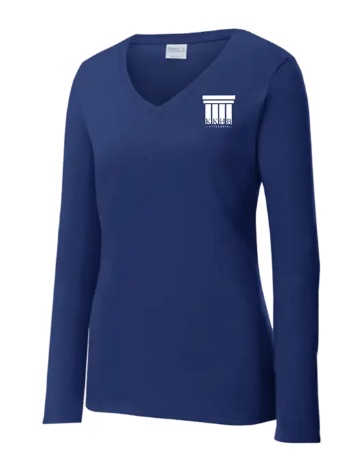 Womens  V-Neck Ring Spun Navy 4.5 oz Long Sleeve T-Shirt w/KKHB Attorneys Logo