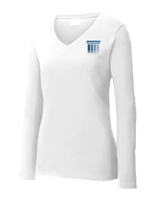 Womens  V-Neck Ring Spun White 4.5 oz Long Sleeve T-Shirt w/KKHB Attorneys Logo
