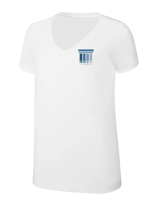Womens Simply Soft V-Neck White 4.5oz  Poly/Combed Ring Spun Cotton T-Shirt w/KKHB Attorneys Logo