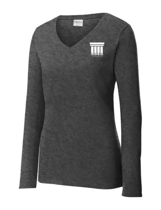 Womens  V-Neck Ring Spun Dark Heather Grey 4.5 oz Long Sleeve T-Shirt w/KKHB Attorneys Logo