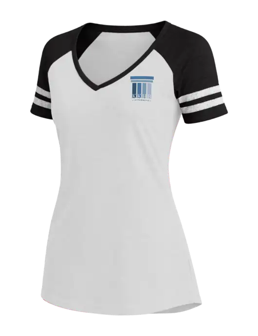 Womens White/Black V-Neck Game Tee w/KKHB Attorneys Logo